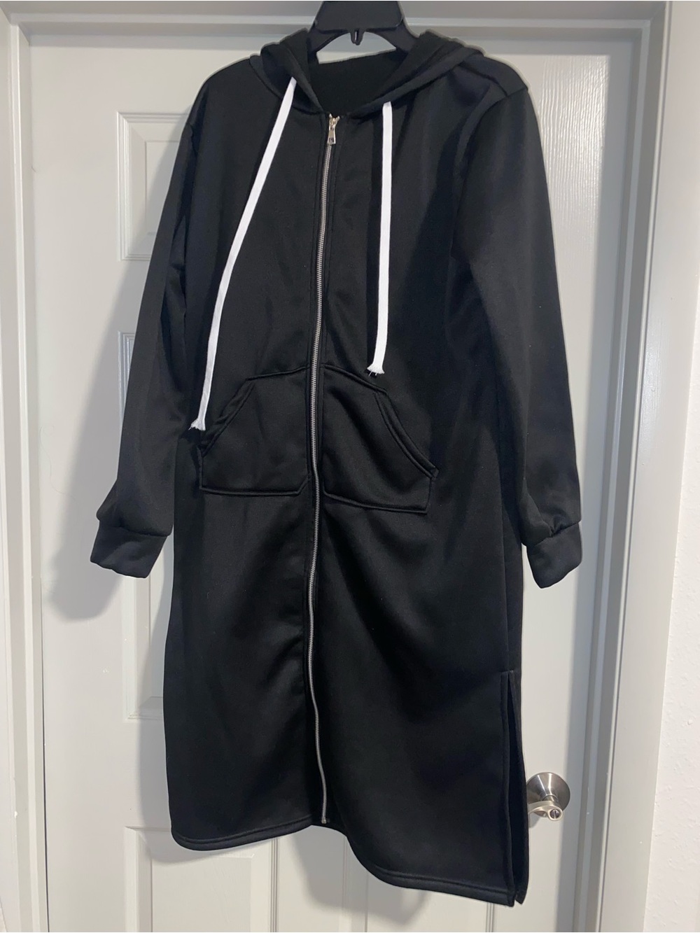 Long Black Zip Hoodie with White Drawstrings